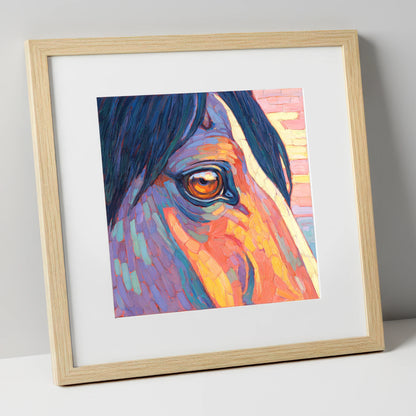 The Vivid Gaze horse portrait art print in natural frame