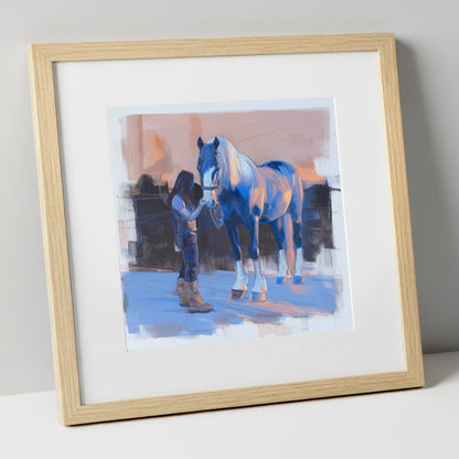 The Gentle Bond horse & rider art print in natural frame