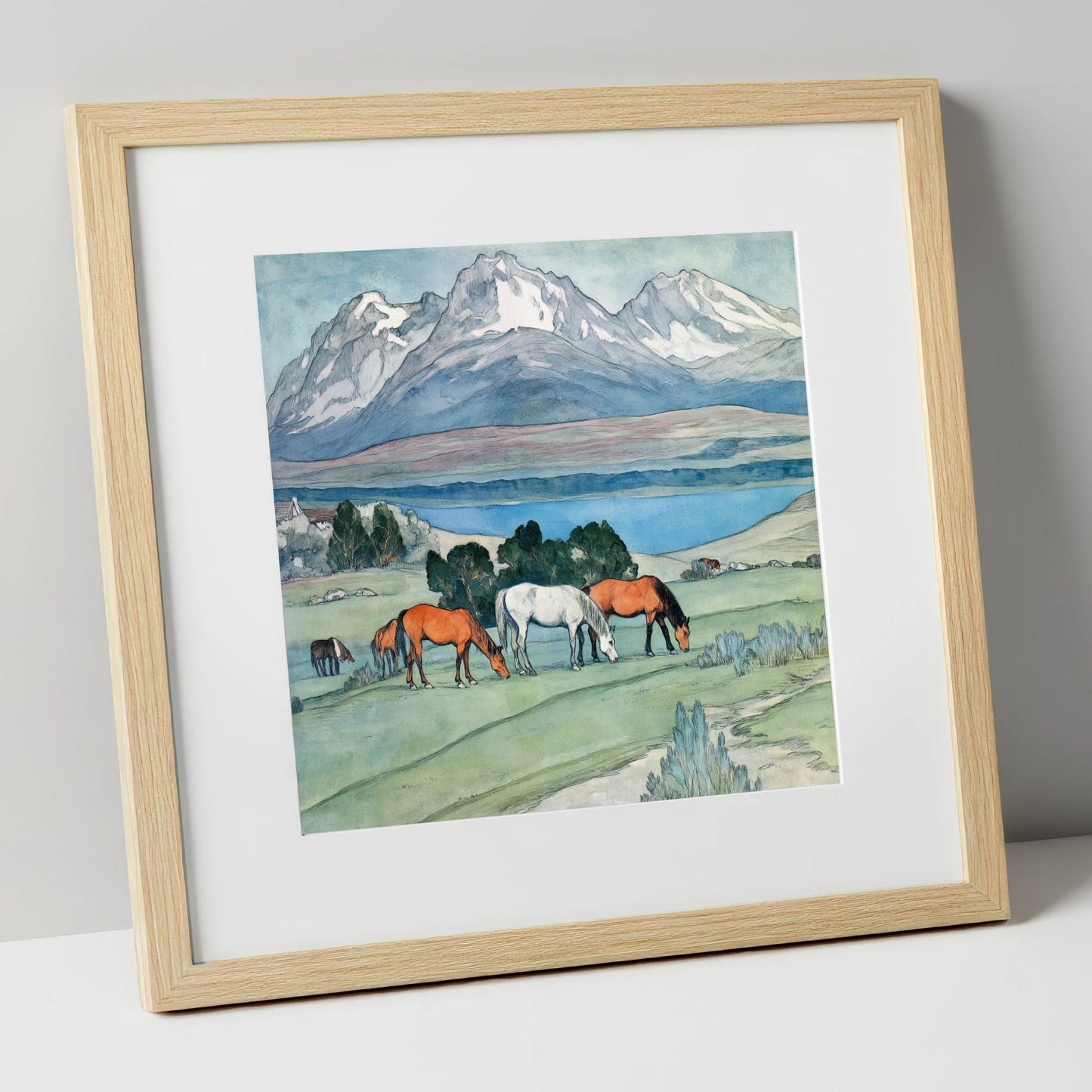 Alpine Lake Pastures horse landscape art print in natural frame