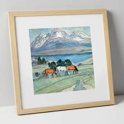 Alpine Lake Pastures horse landscape art print in natural frame
