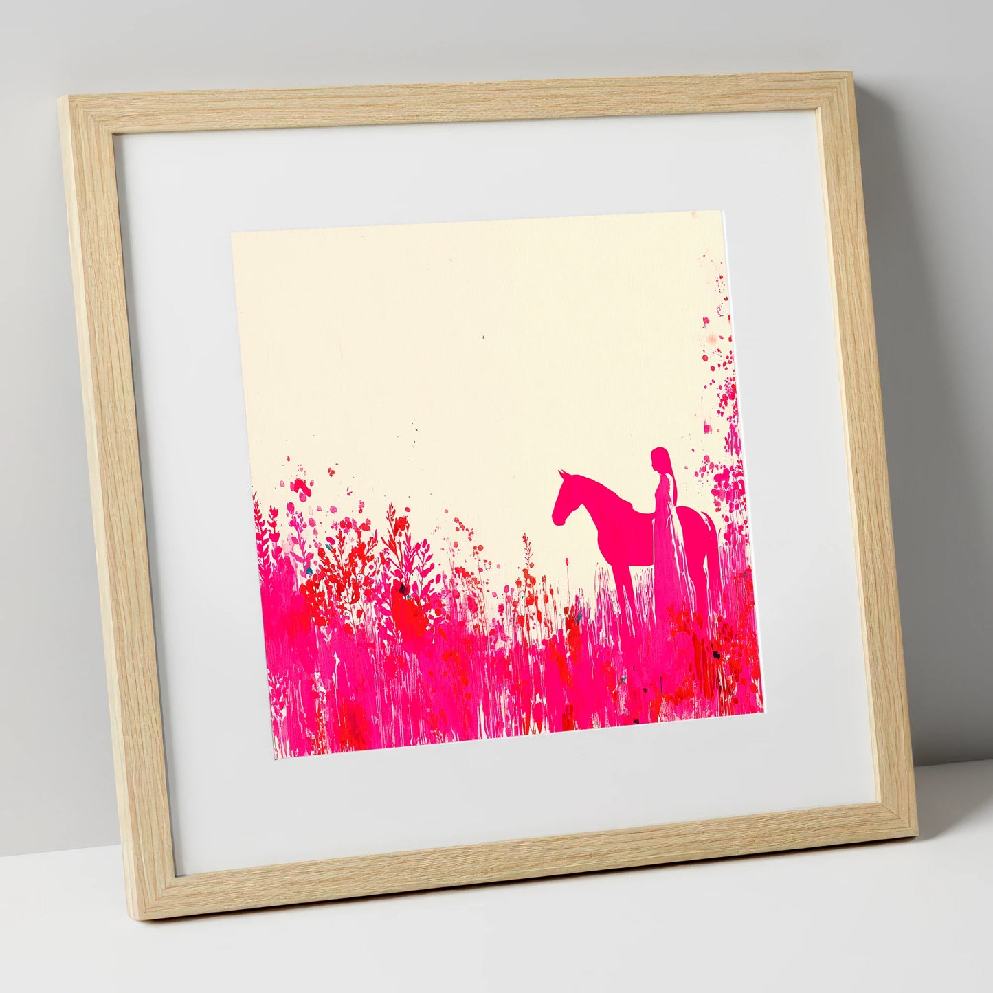 Vibrant Magenta Silhouette horse & rider art print in natural frame