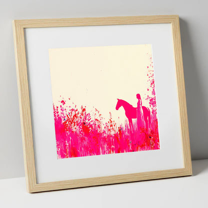Vibrant Magenta Silhouette horse & rider art print in natural frame