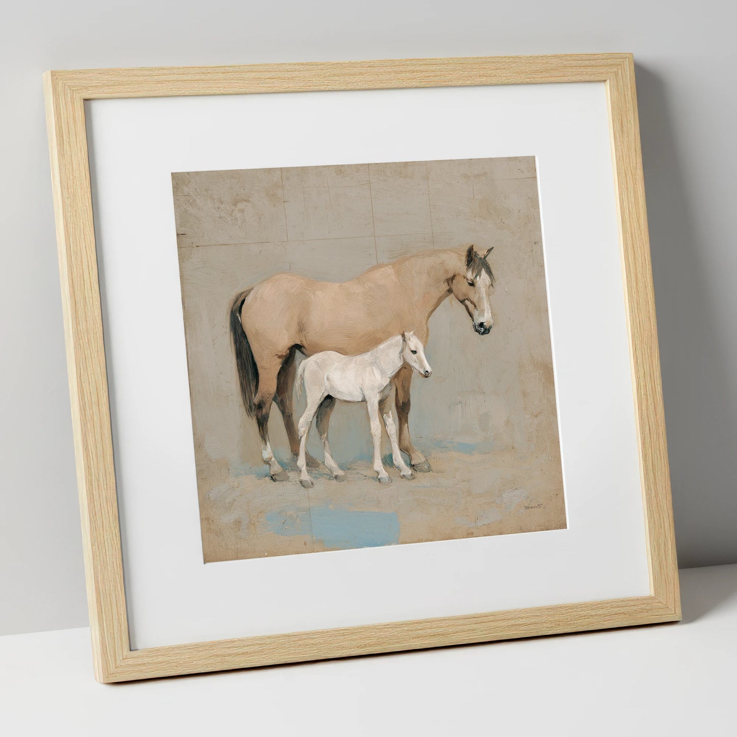 A Quiet Bond mare & foal art print in natural frame