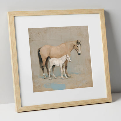 A Quiet Bond mare & foal art print in natural frame