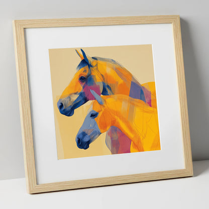 Vibrant Equine Profiles horse landscape art print in natural frame