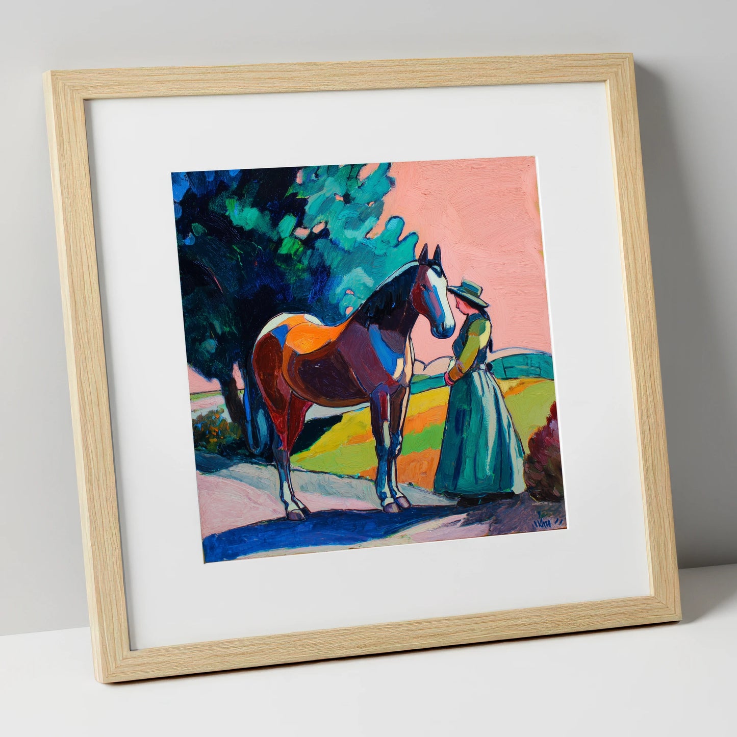 Painted Bond horse & rider art print in natural frame