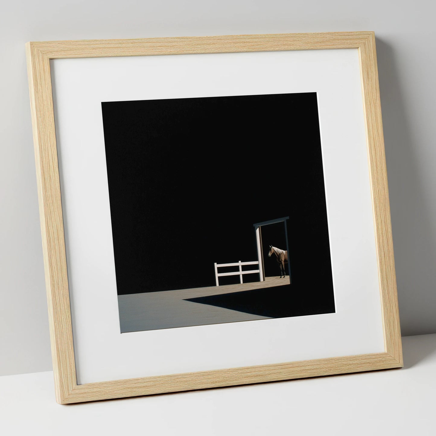 Morning Shadows horse stable art print in natural frame