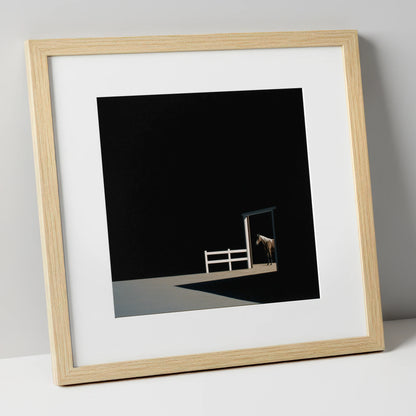 Morning Shadows horse stable art print in natural frame