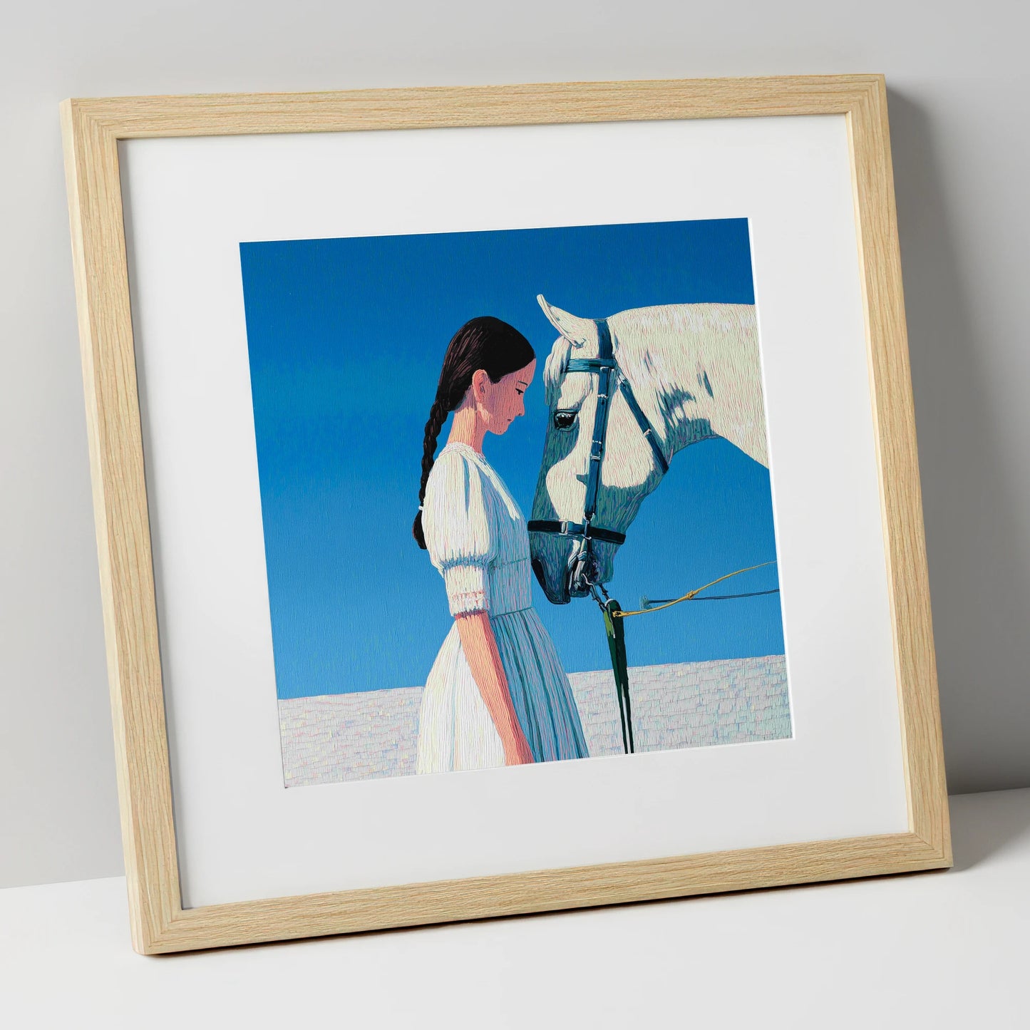 Silent Dialogue horse & rider art print in natural frame
