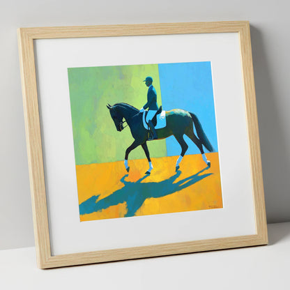 Precision in Sunlight dressage horse art print in natural frame