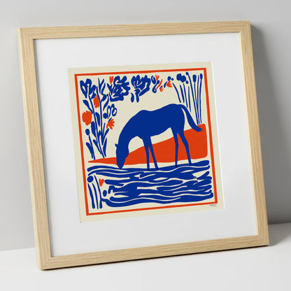 Cobalt Equine Oasis horse landscape art print in natural frame
