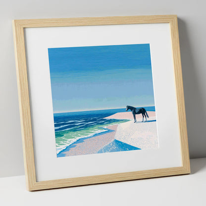 Coastal Solitude horse landscape art print in natural frame
