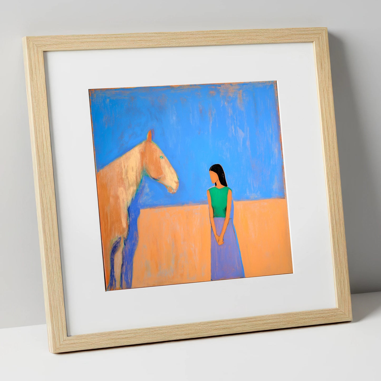 Silent Understanding horse & rider art print in natural frame