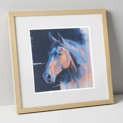 Cobalt and Copper Gaze horse portrait art print in natural frame