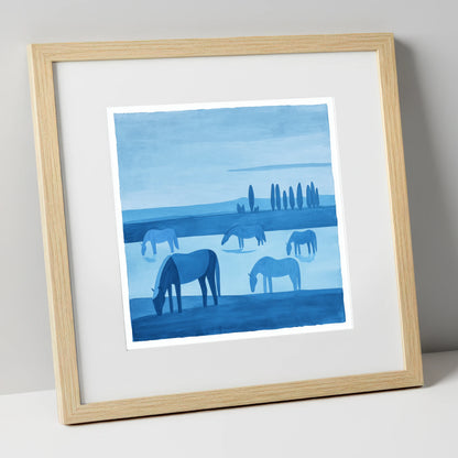 Azure Meadow Grazing horse landscape art print in natural frame