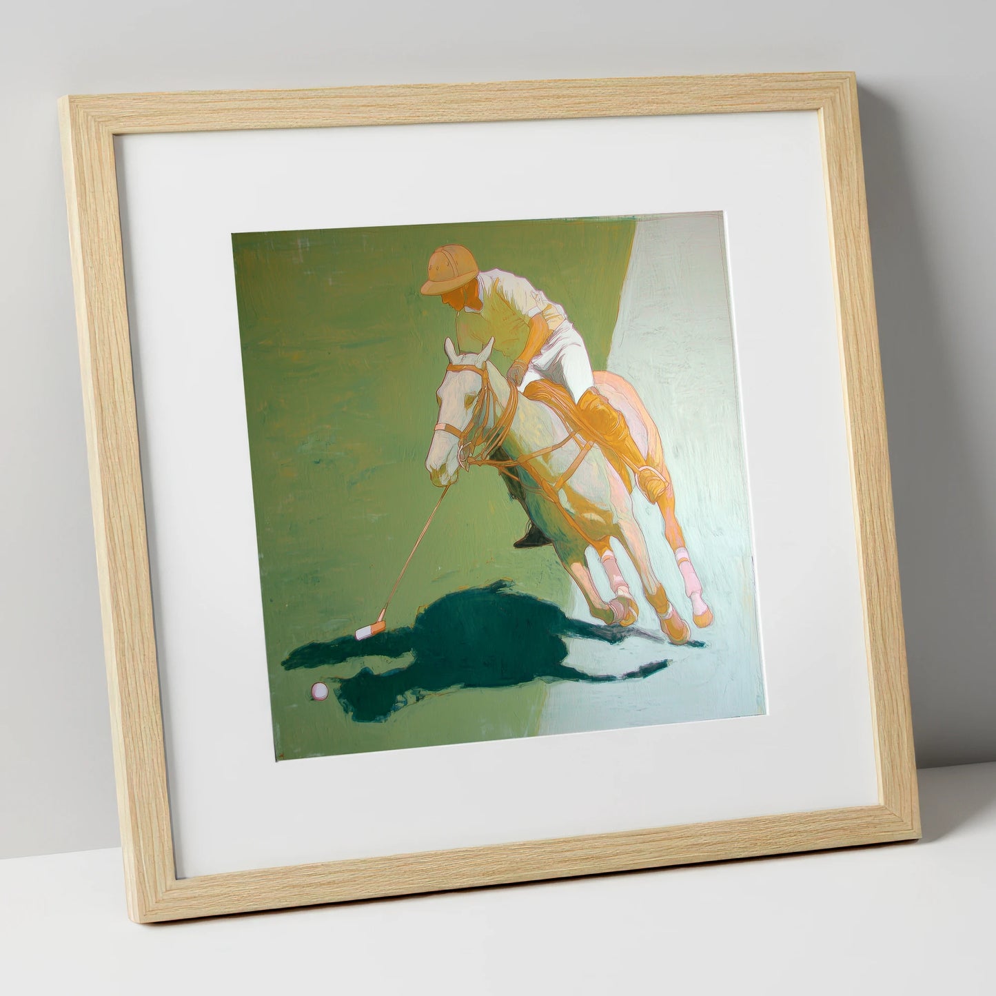 The Decisive Strike polo horse art print in natural frame