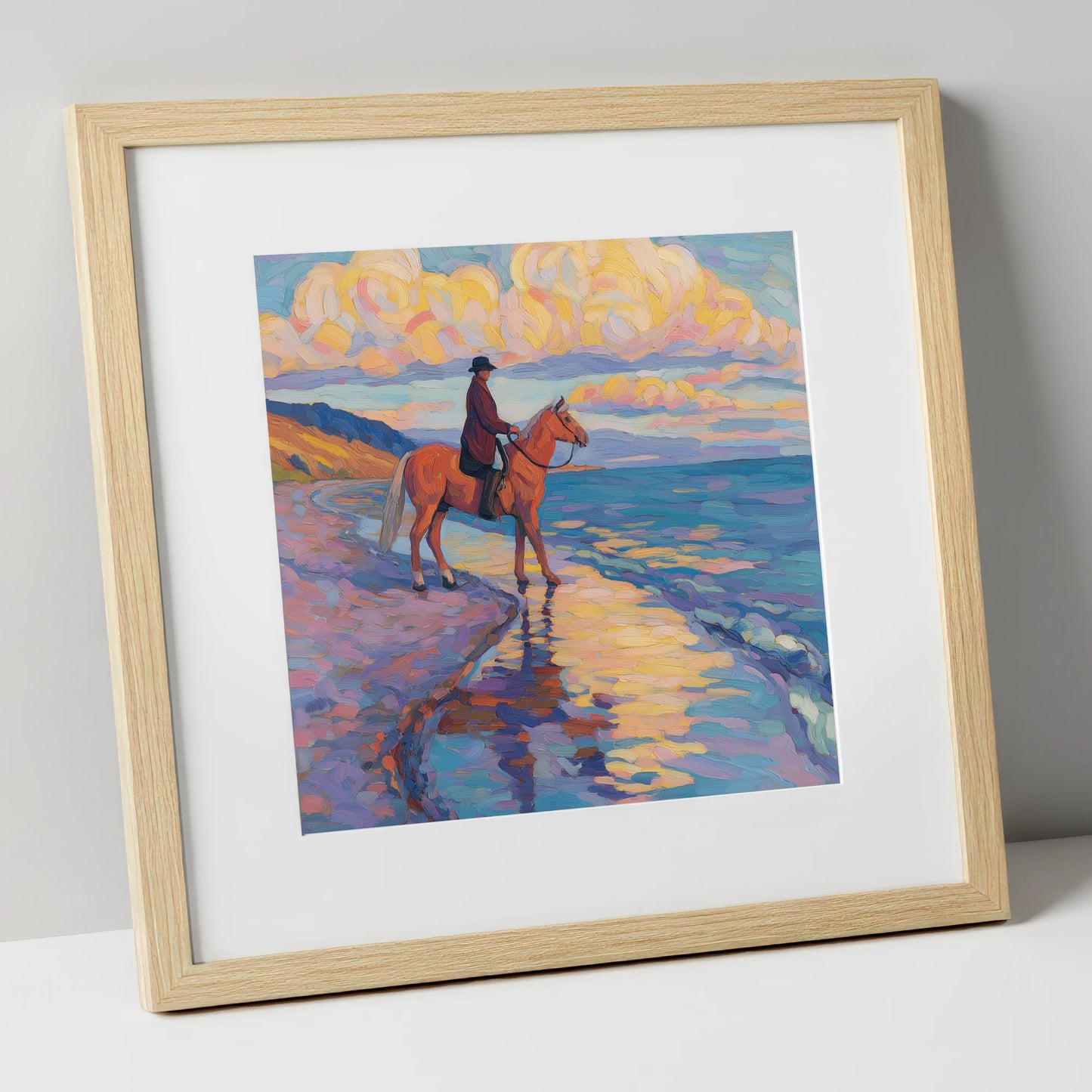 Sunset Coastal Reflections beach horse art print in natural frame
