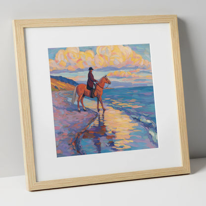 Sunset Coastal Reflections beach horse art print in natural frame