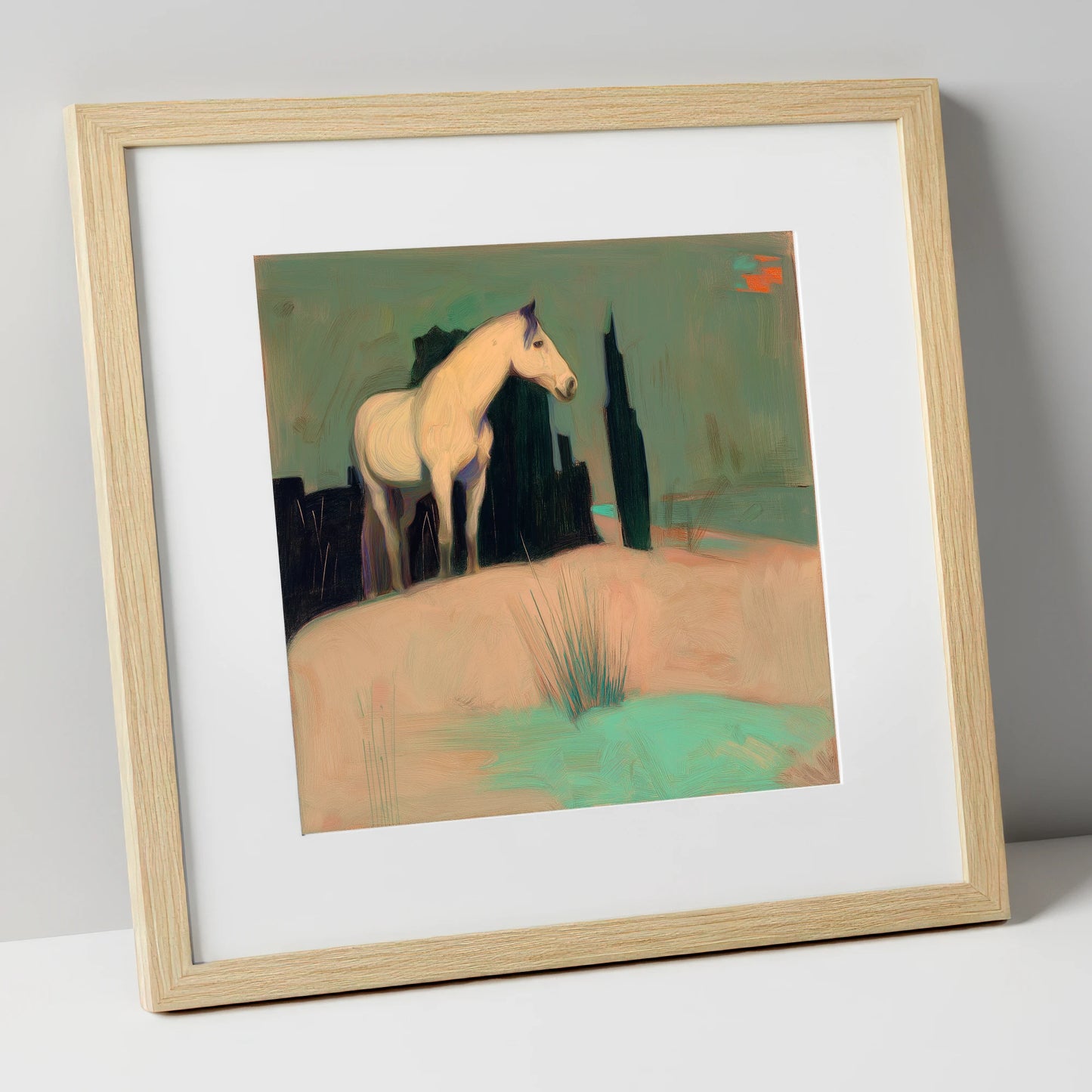 Dusk in the Cypress Grove horse landscape art print in natural frame
