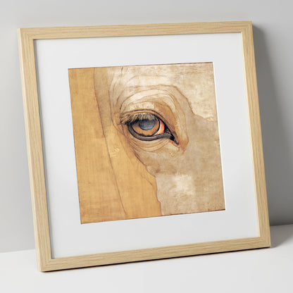 The Golden Gaze horse portrait art print in natural frame