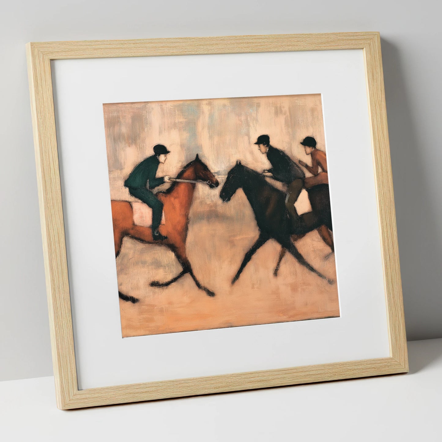 Meeting on the Gallops racing horse art print in natural frame