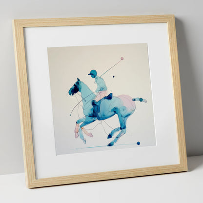 Azure Polo Gallop polo horse art print in natural frame