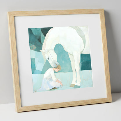 The Gentle Guardian horse & rider art print in natural frame