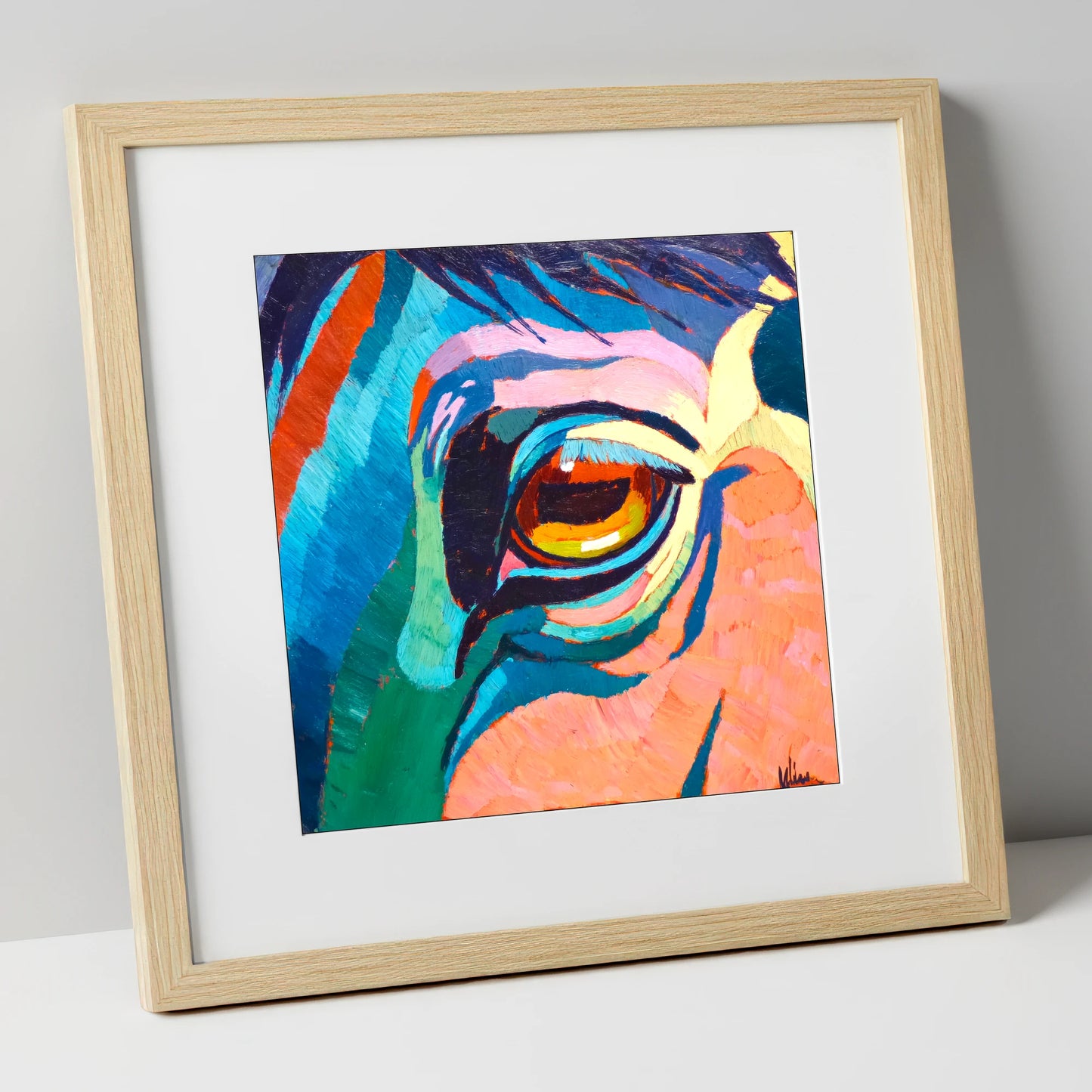 Vibrant Equine Gaze horse portrait art print in natural frame
