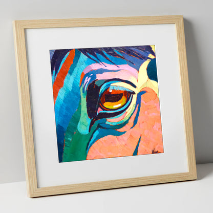 Vibrant Equine Gaze horse portrait art print in natural frame