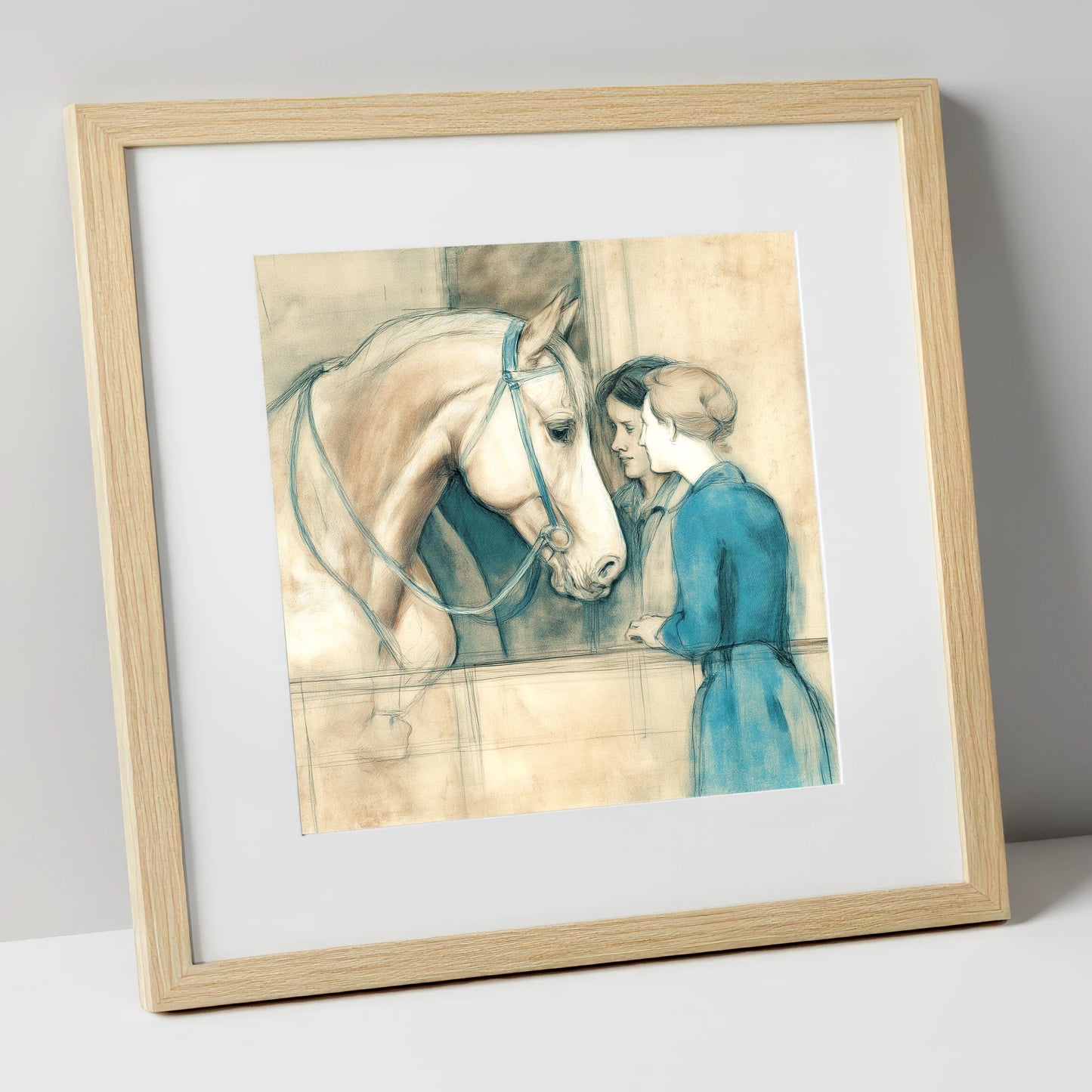 A Gentle Exchange horse & rider art print in natural frame