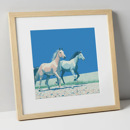 Azure Horizon Strides wild horses art print in natural frame