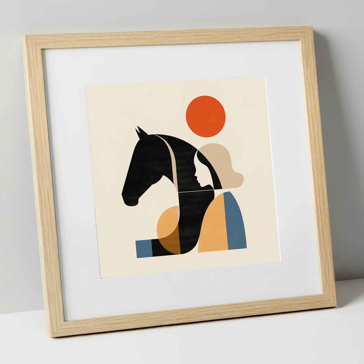 Geometric Equine Harmony horse & rider art print in natural frame