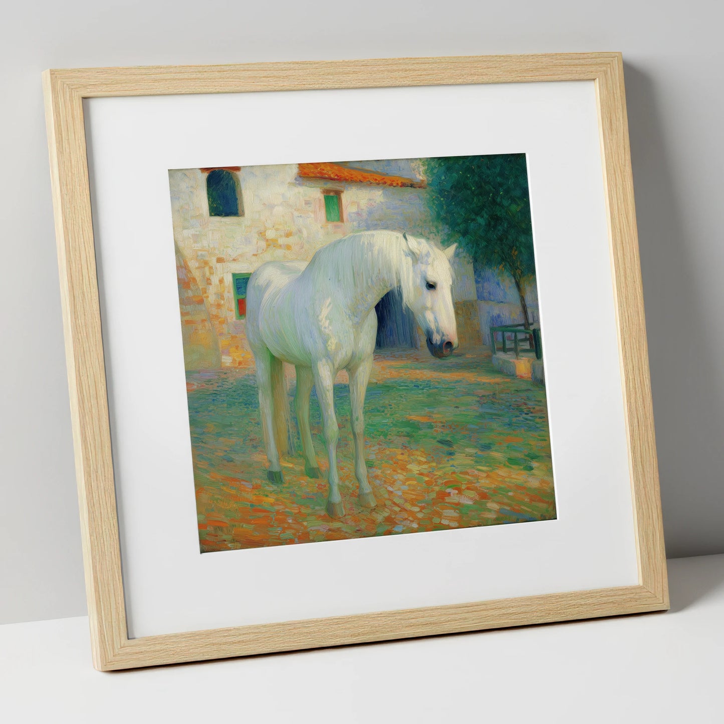 Sunlit Courtyard Grey horse breed art print in natural frame