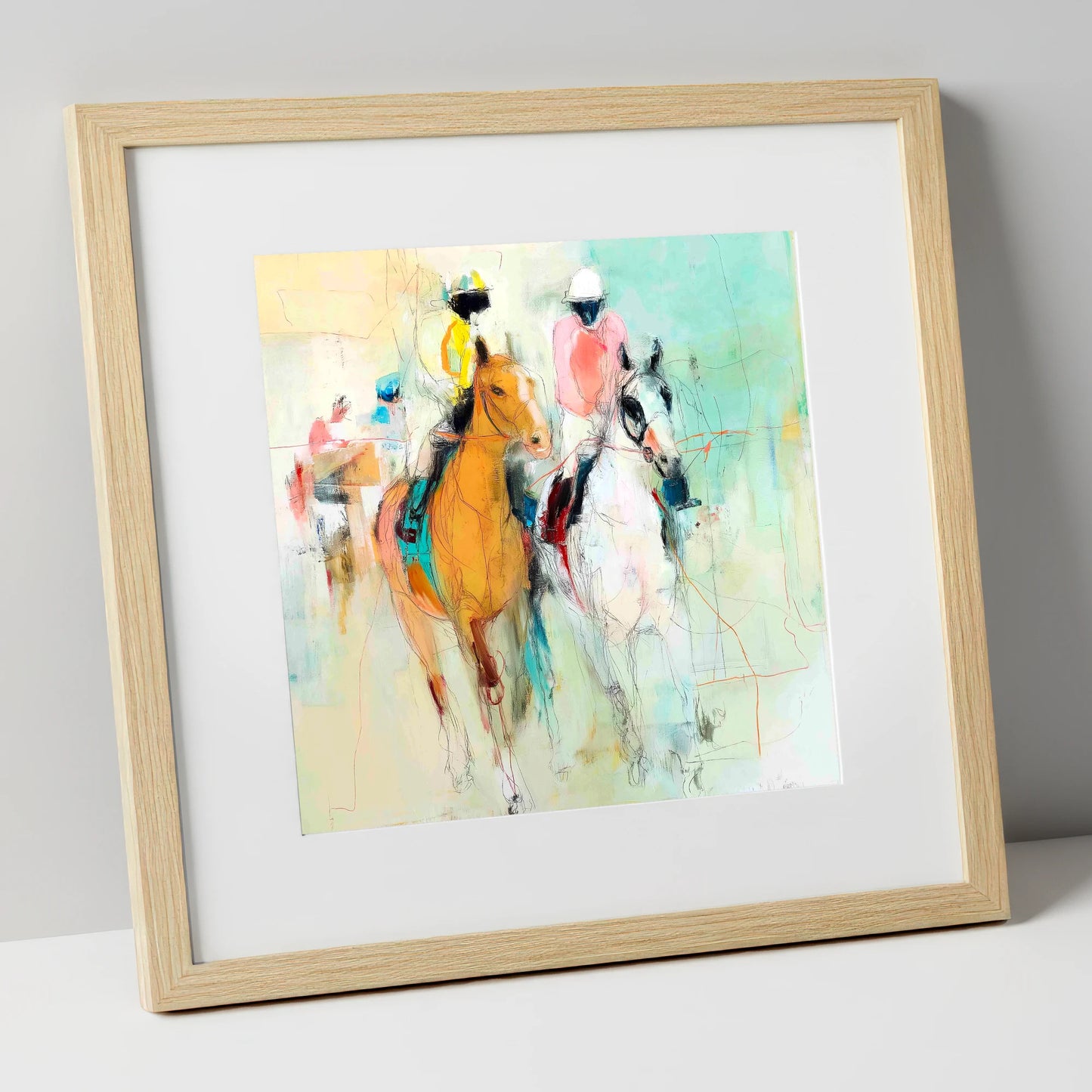 Echoes of the Turf racing horse art print in natural frame