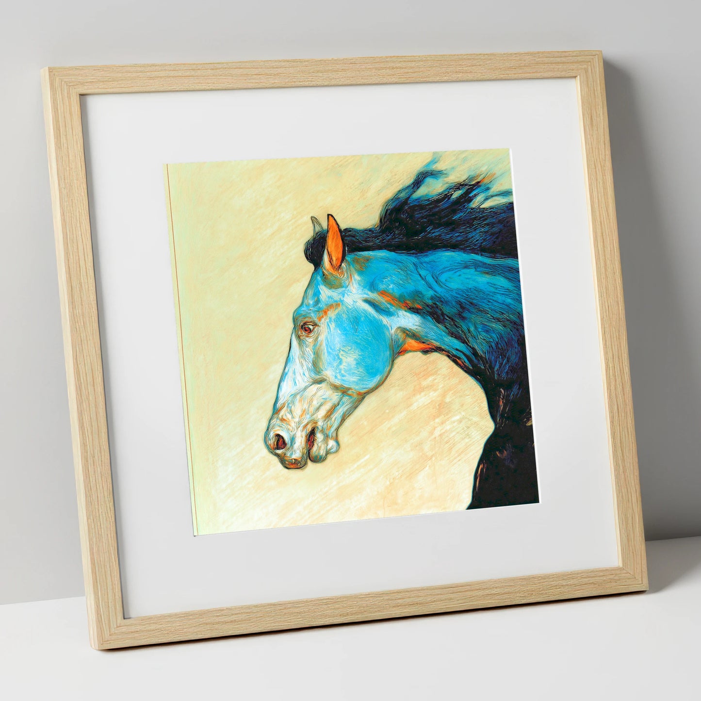 Cerulean Spirit racing horse art print in natural frame
