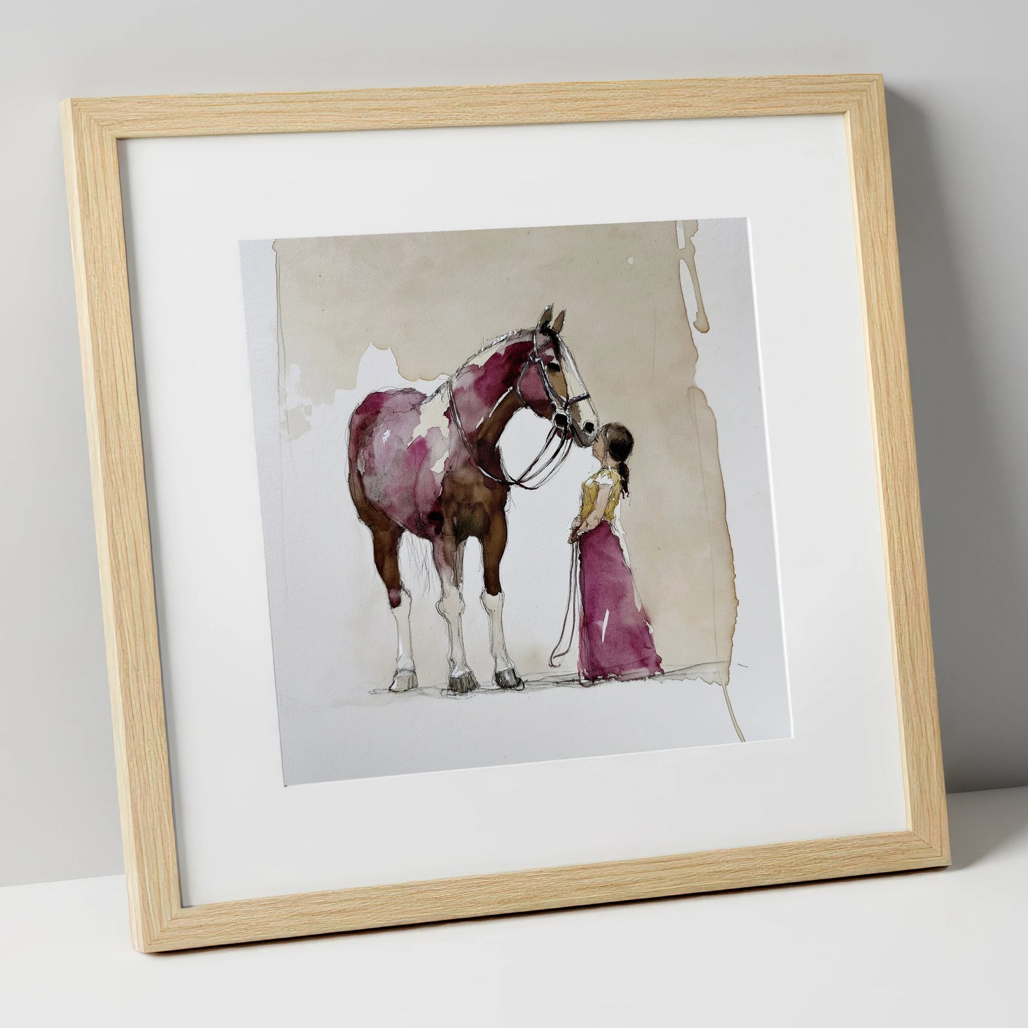 A Gentle Greeting horse & rider art print in natural frame