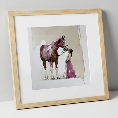 A Gentle Greeting horse & rider art print in natural frame