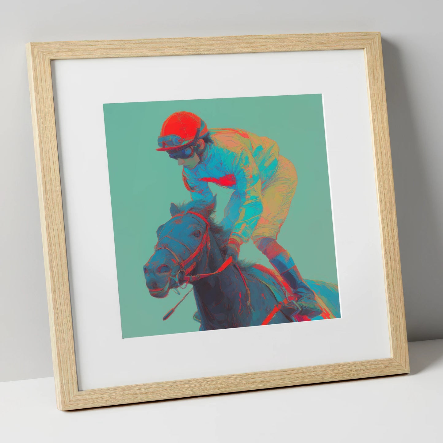 Electric Furlong racing horse art print in natural frame