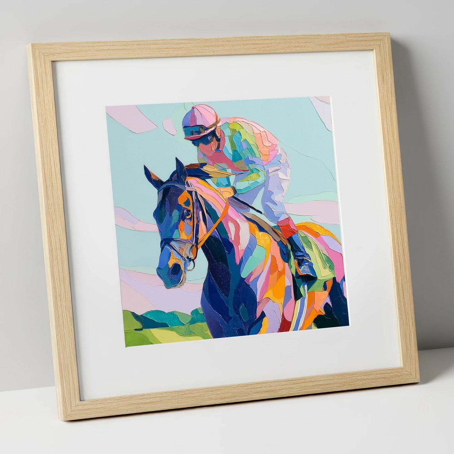 Technicolour Sprint racing horse art print in natural frame