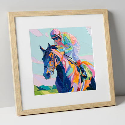 Technicolour Sprint racing horse art print in natural frame