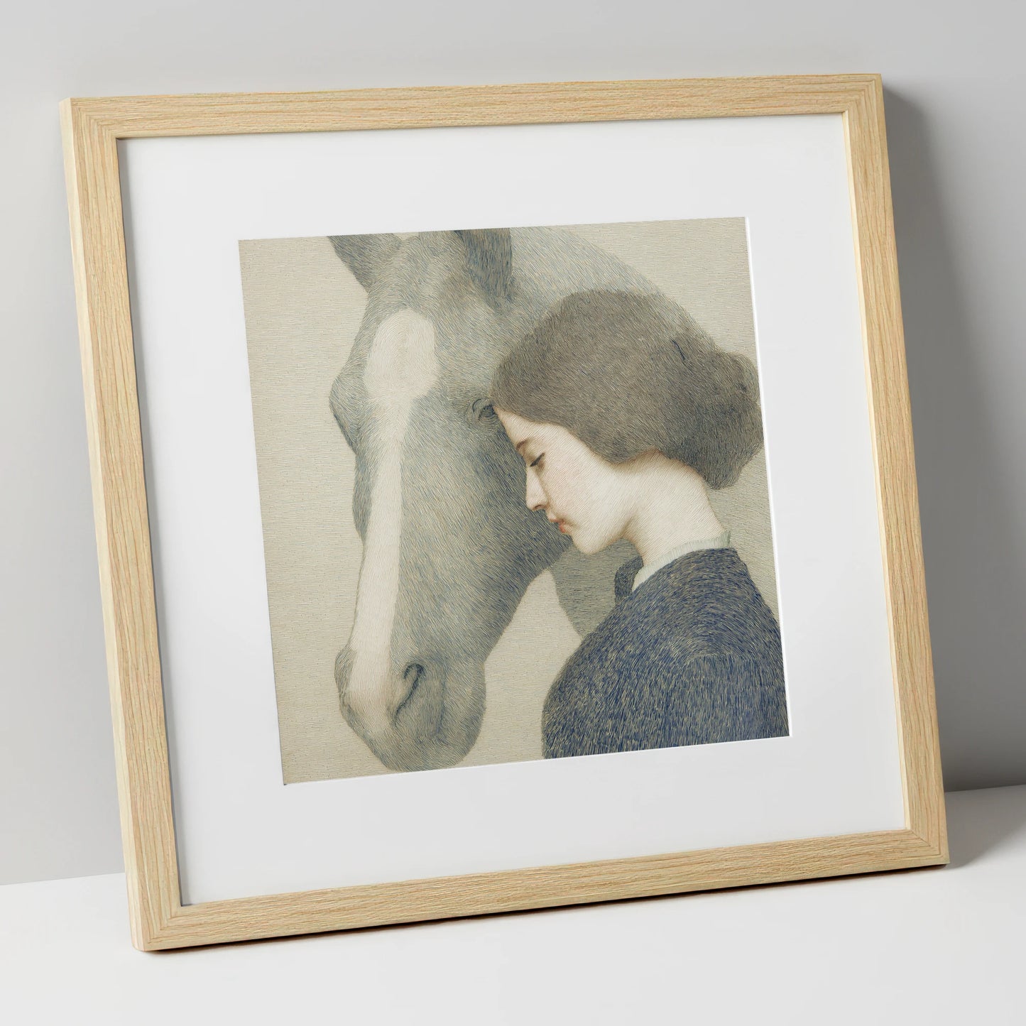 A Silent Understanding horse & rider art print in natural frame