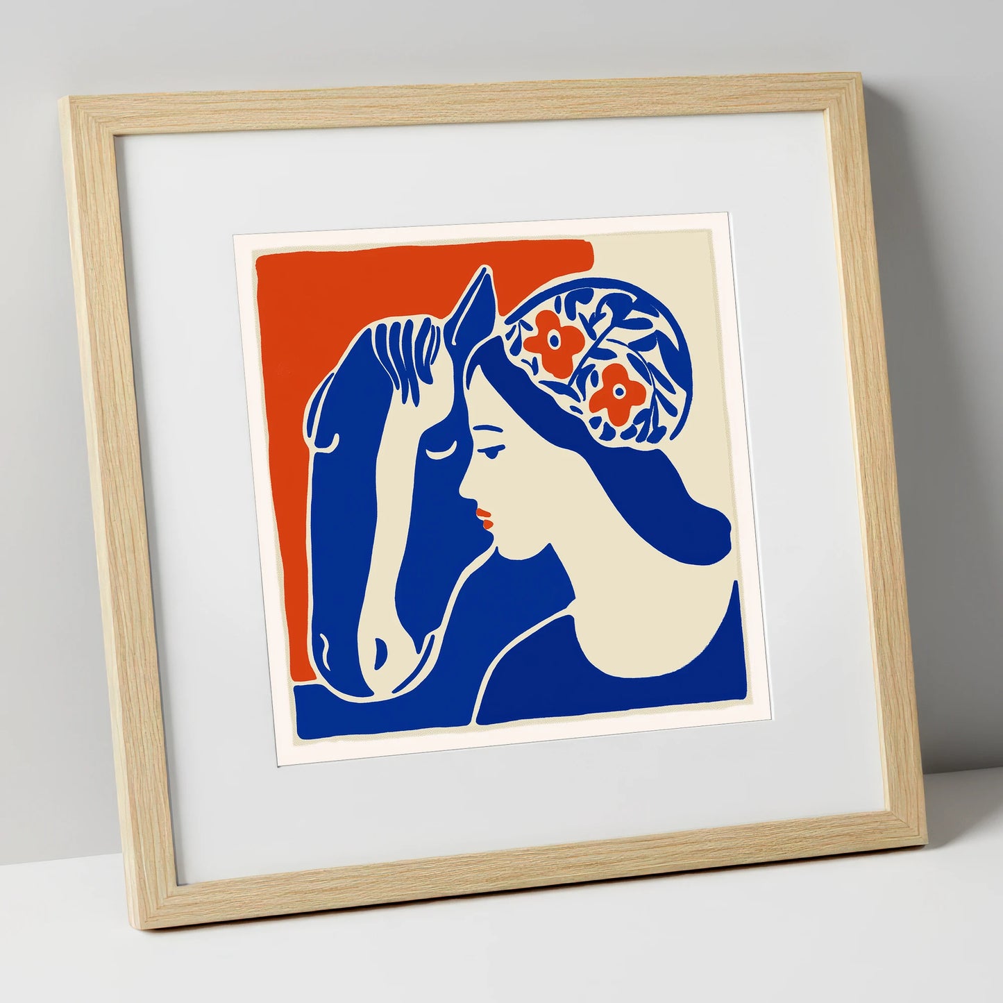 Cobalt Equine Bond horse & rider art print in natural frame