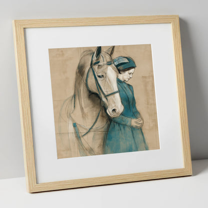 Silent Bond horse & rider art print in natural frame