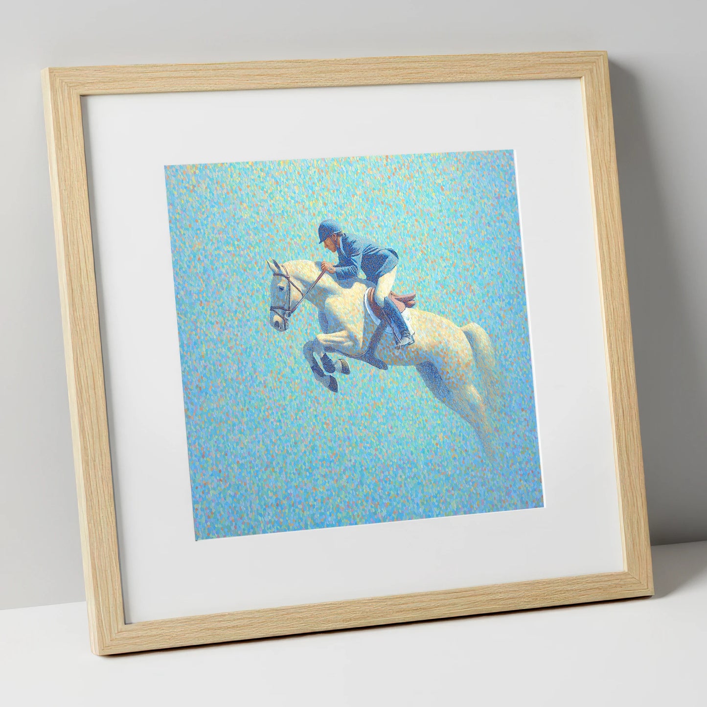 Luminous Flight show jumping horse art print in natural frame