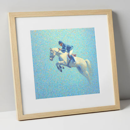 Luminous Flight show jumping horse art print in natural frame
