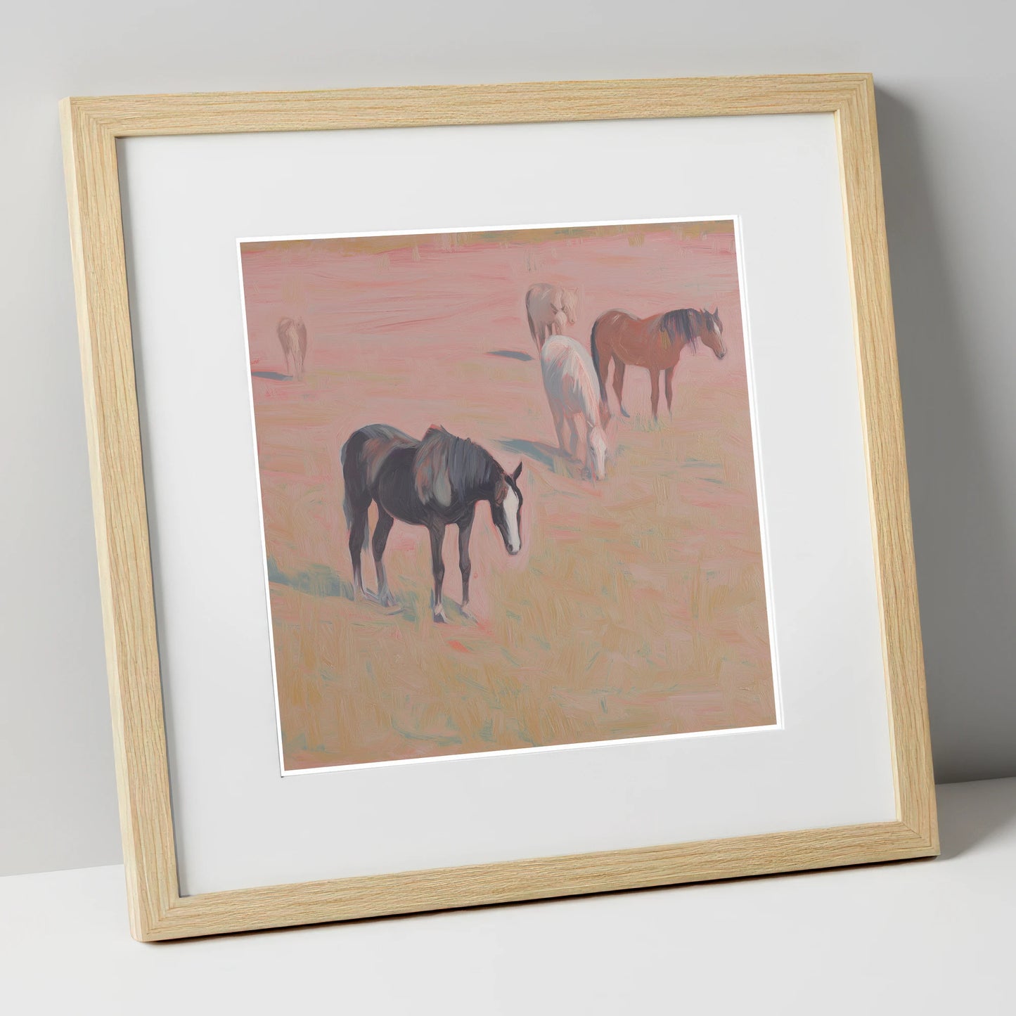 Dusky Rosa Pastures wild horses art print in natural frame