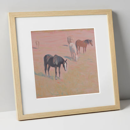 Dusky Rosa Pastures wild horses art print in natural frame