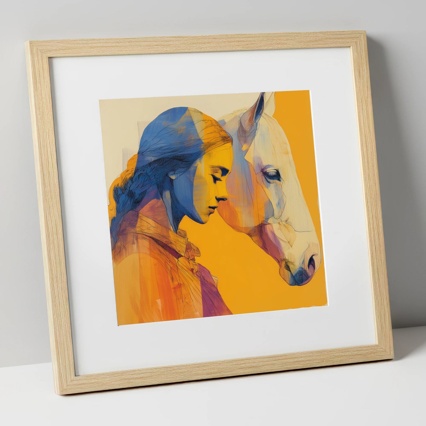 Amber Embrace horse & rider art print in natural frame