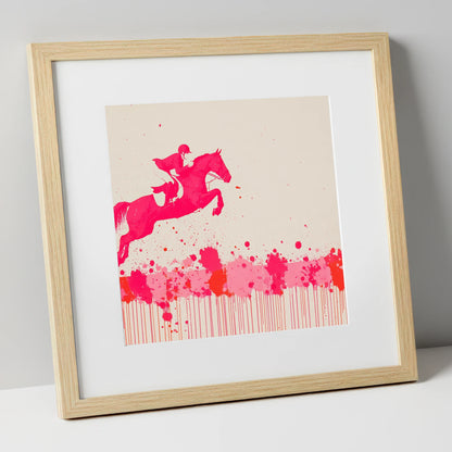 Magenta Flight show jumping horse art print in natural frame