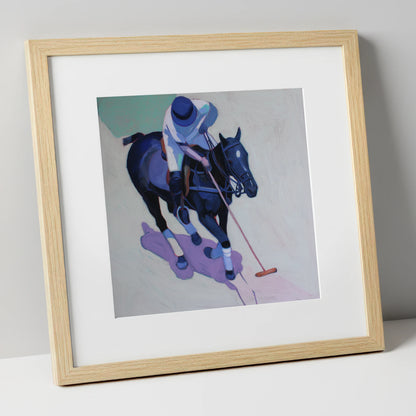 The Indigo Swing polo horse art print in natural frame